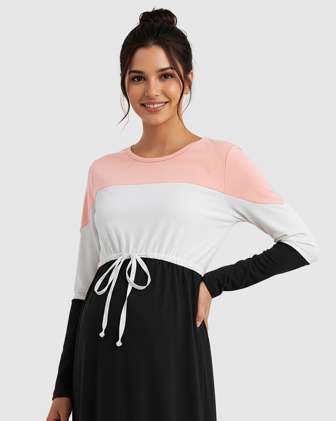 Color-Block Off-Shoulder Drawstring Waist Maternity Dress