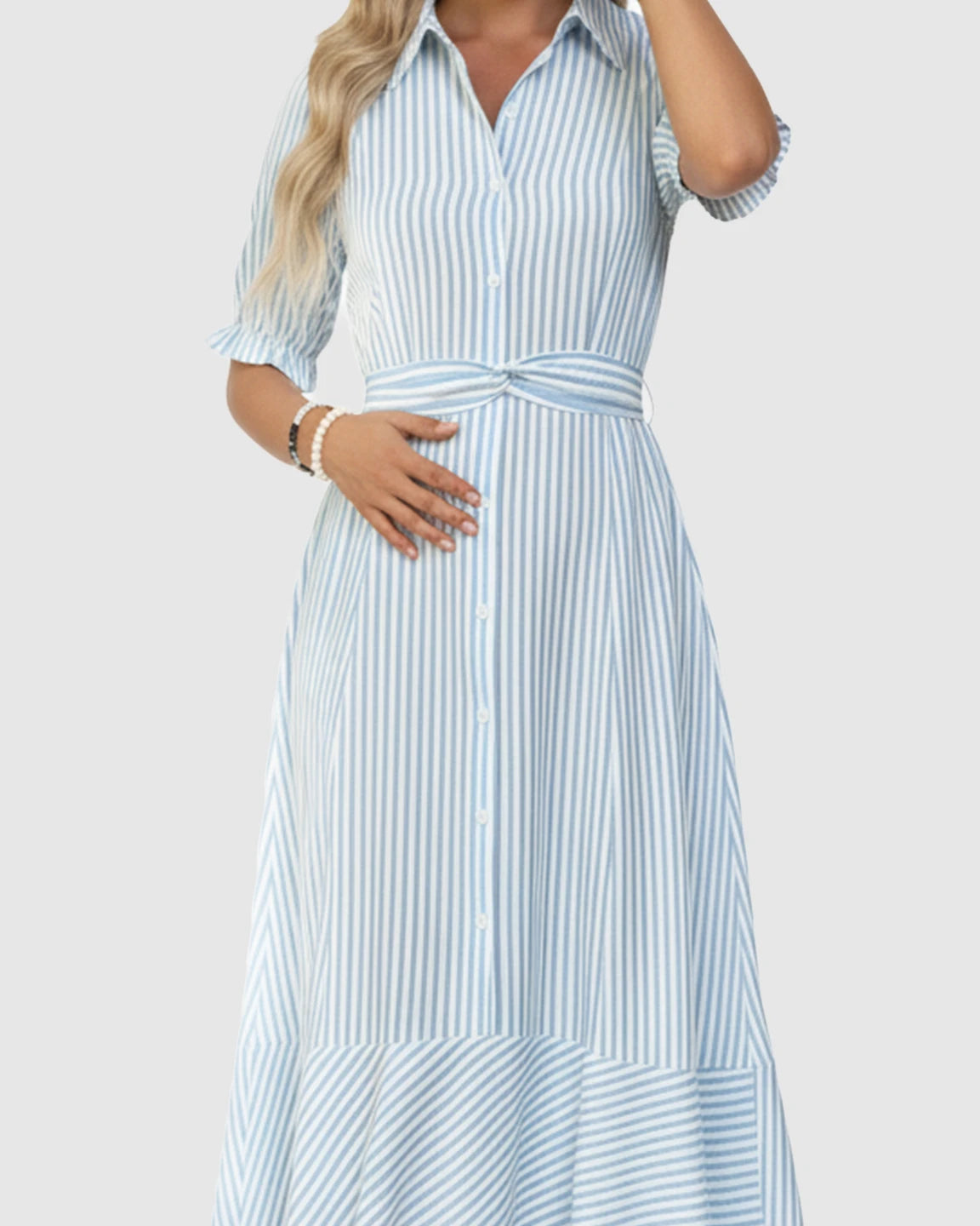 Lapel Puff-Sleeve A-line Maternity Dress
