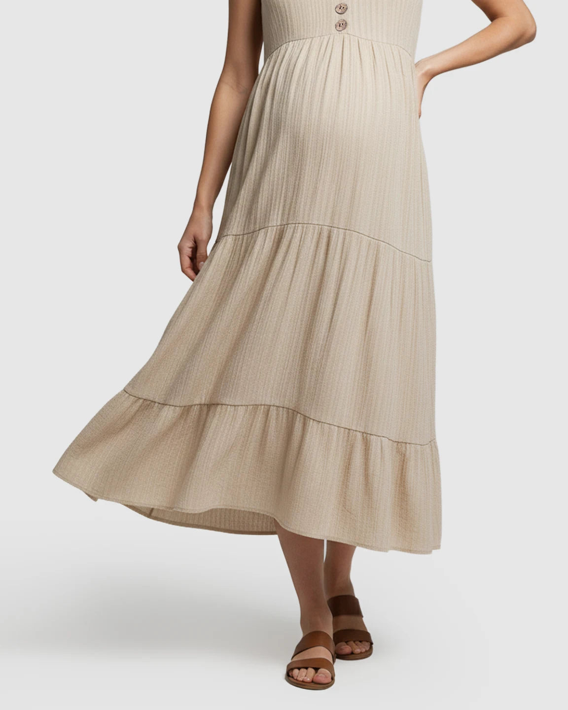 Button-Front Detail Tiered Maternity Midi Dress