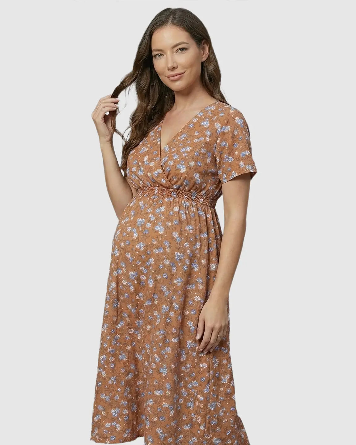 Elastic-Waist Floral Maternity Midi Dress