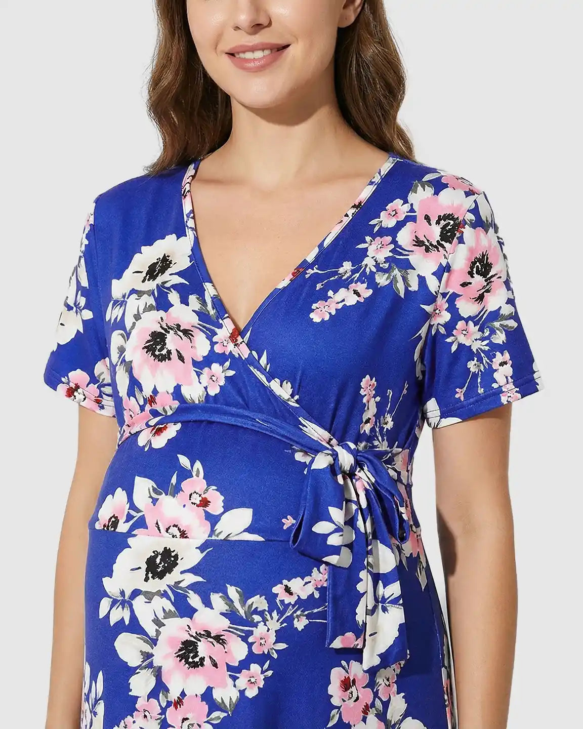 Floral Wrap Waist-Defining Maternity Maxi Dress