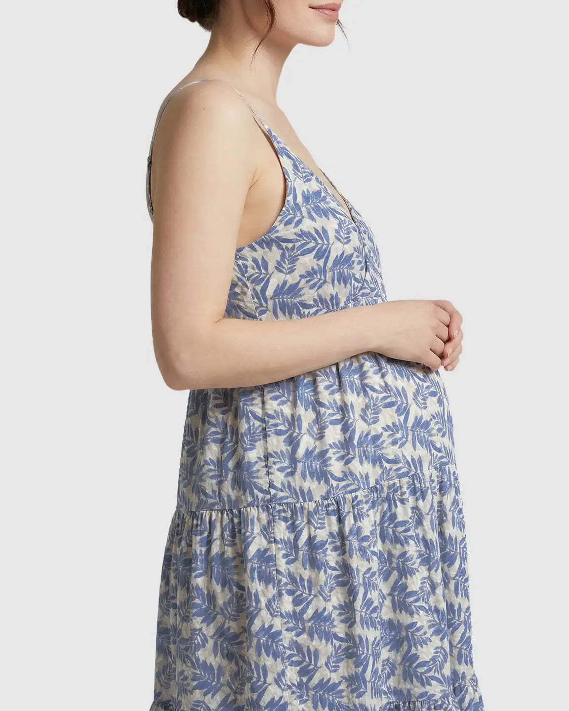 Adjustable-Strap Blue Leaves Print Maternity Nightdress