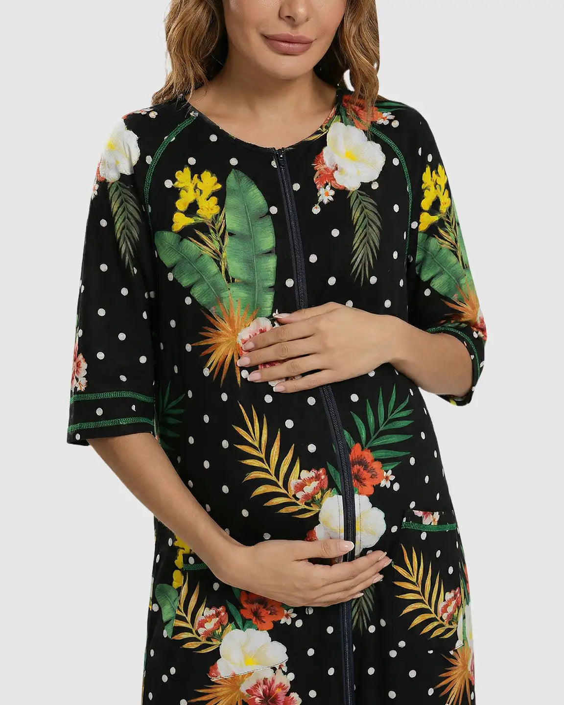 Zip-Front Tropical Print Maternity & Nursing Lounge Dress