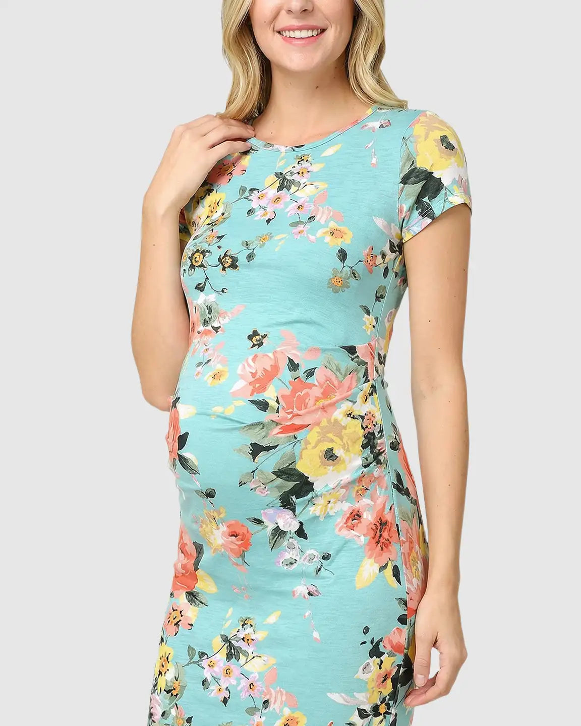 Stretch-Ruched Floral Maternity Midi Dress