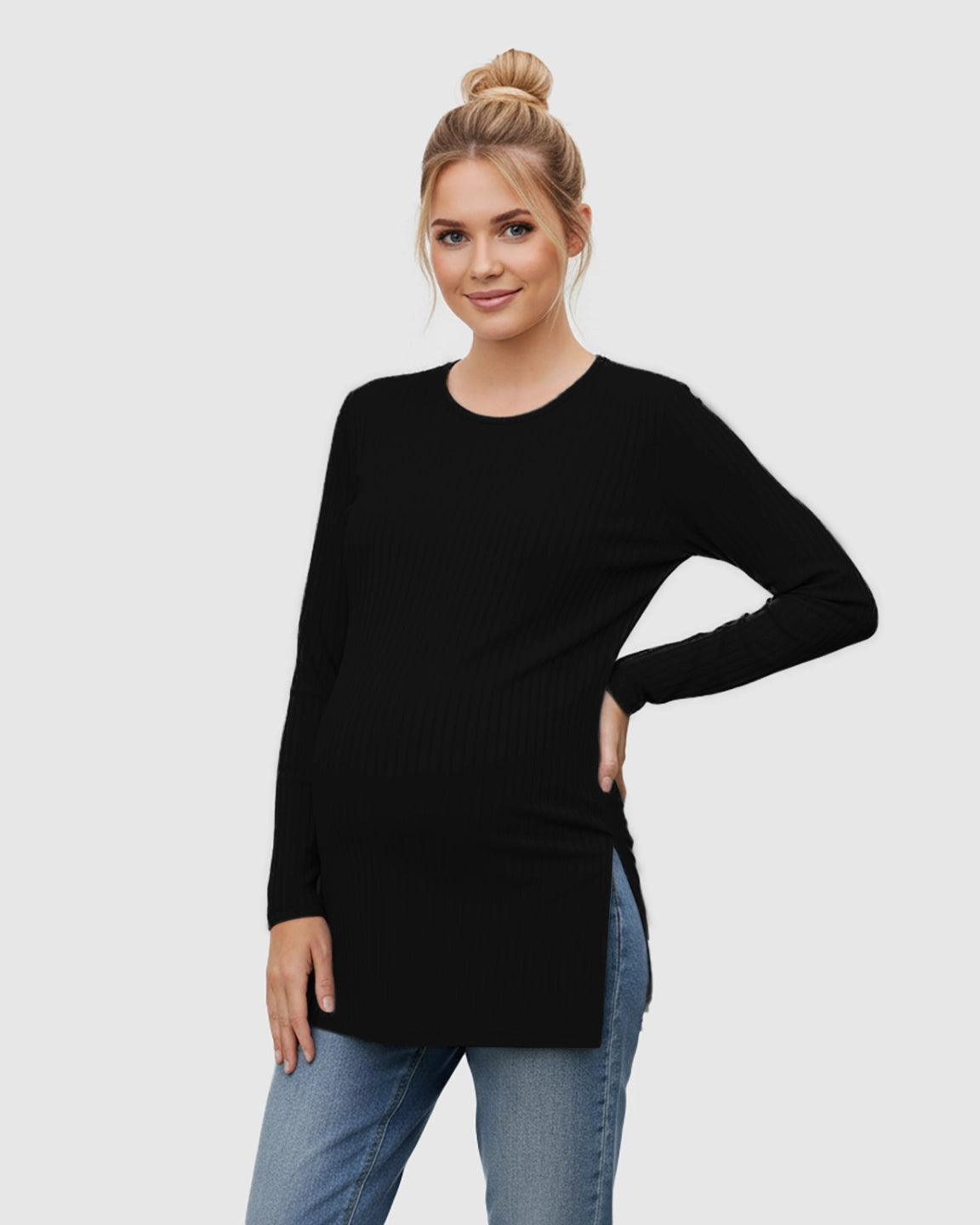 Ribbed Knit Long Sleeve Maternity Top with Side Slits