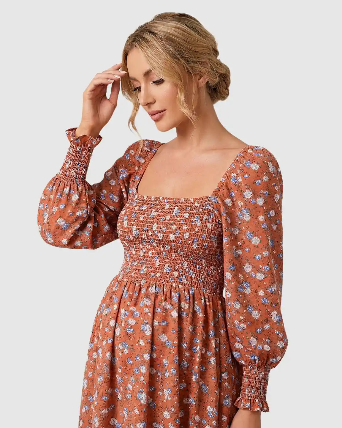 Smocked Bodice Boho Maternity Midi Dress