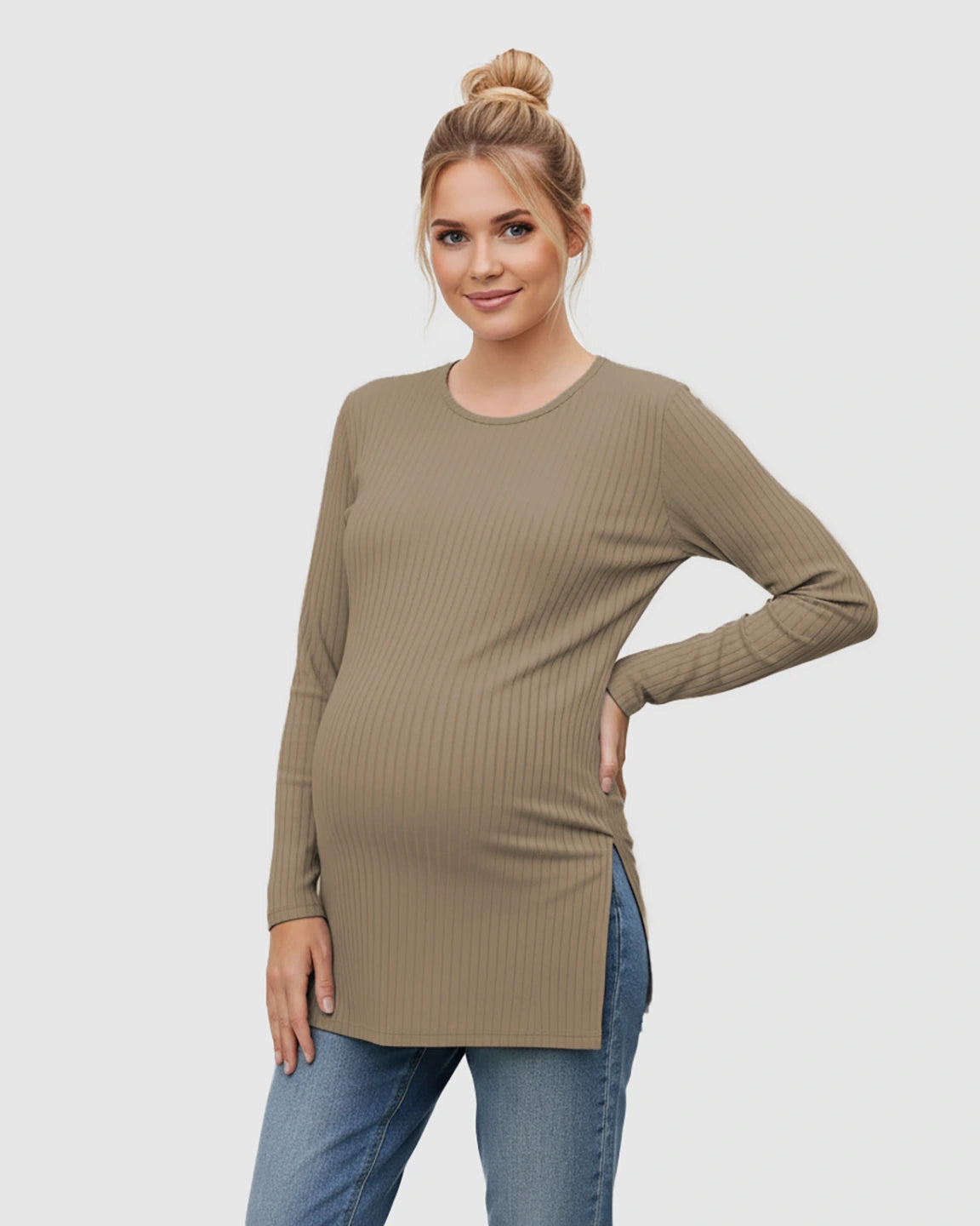 Ribbed Knit Long Sleeve Maternity Top with Side Slits