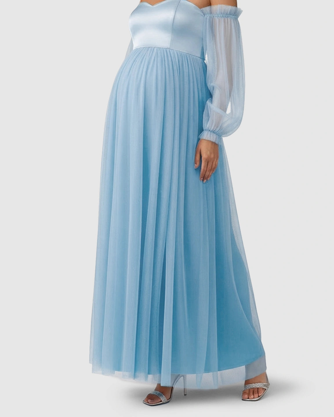 Off-Shoulder Mesh-Sleeve Maternity Gown