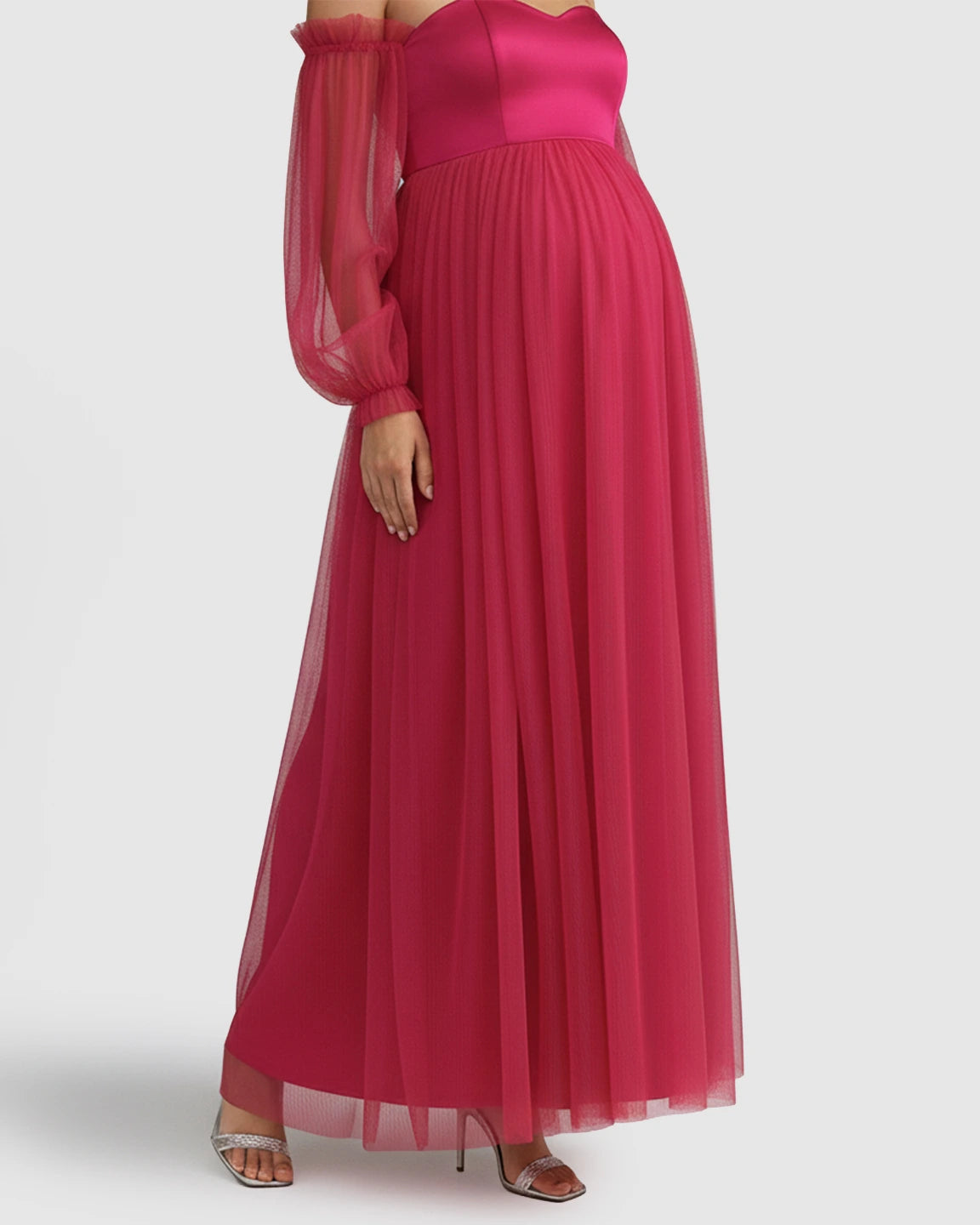 Off-Shoulder Mesh-Sleeve Maternity Gown