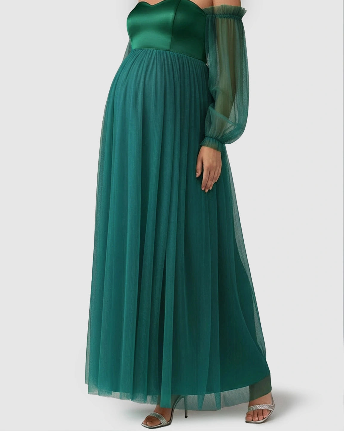 Off-Shoulder Mesh-Sleeve Maternity Gown