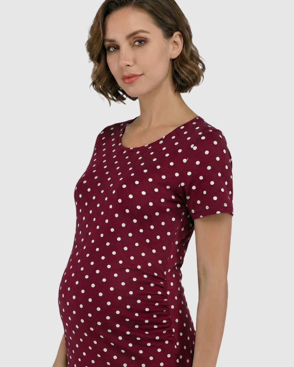 Ruched Polka Dot Bodycon Maternity Midi Dress