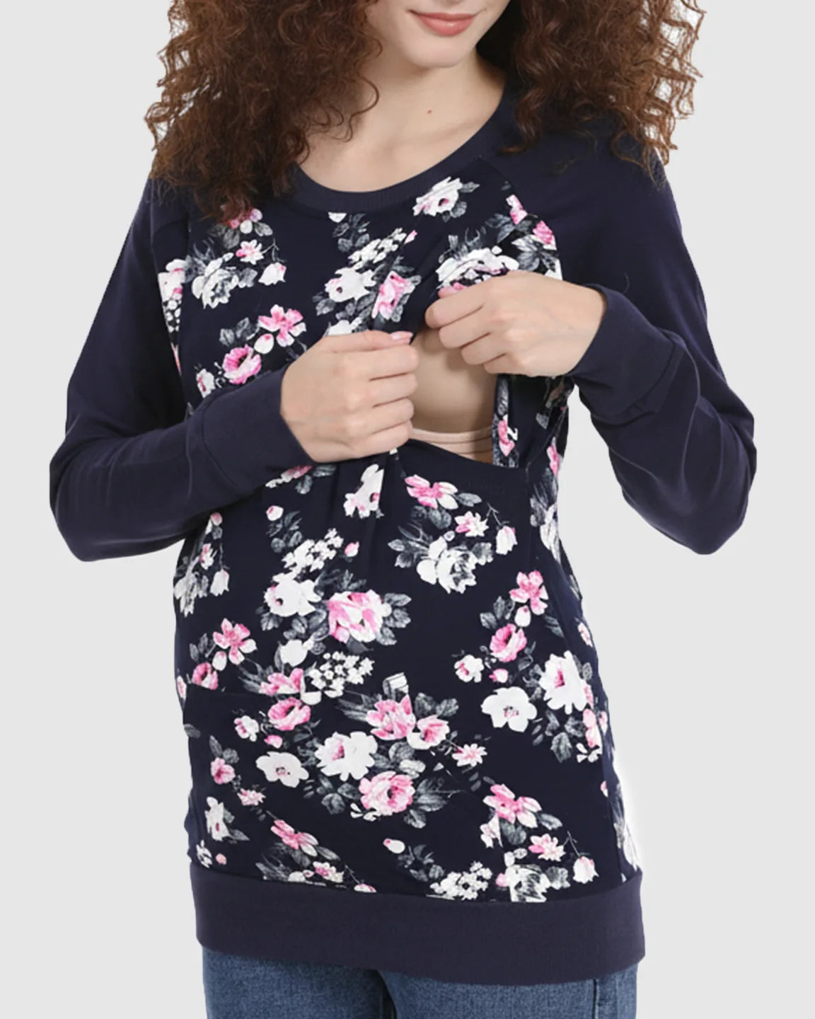 Crew Neck Floral Print Loose Fit Nursing Sweatshirt