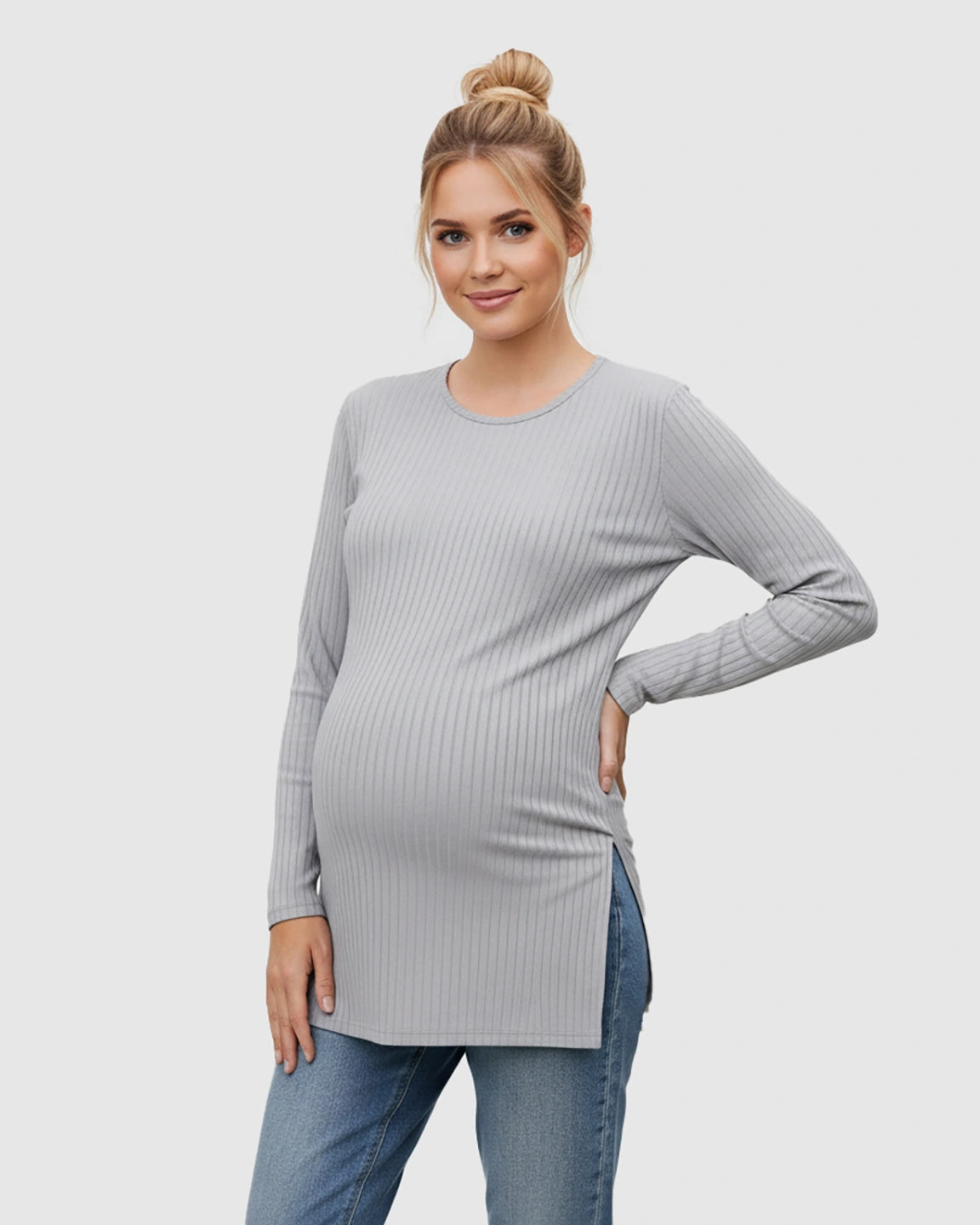 Ribbed Knit Long Sleeve Maternity Top with Side Slits