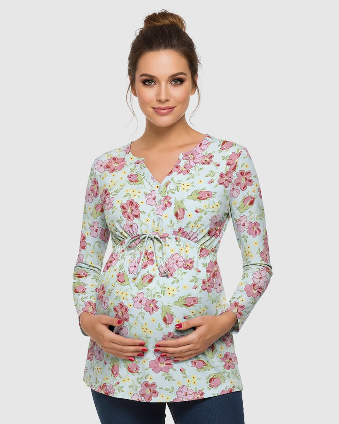 Adjustable Waist Casual Floral Maternity Top