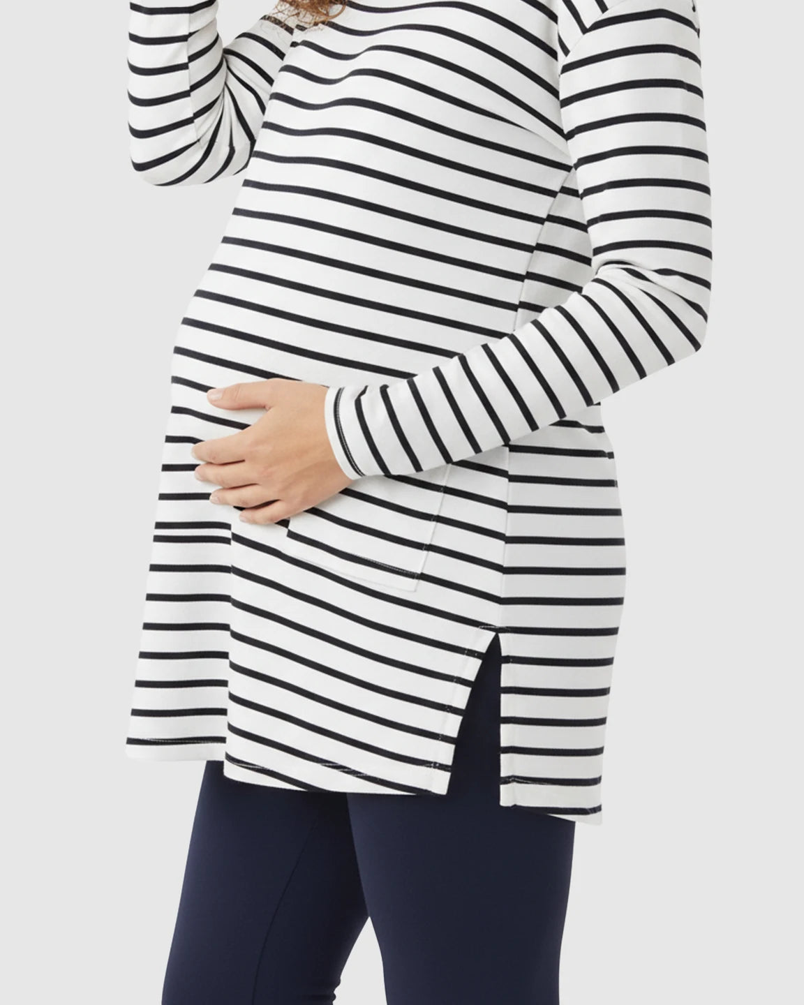 Striped Round Neck Long Sleeve Maternity Top with Pockets