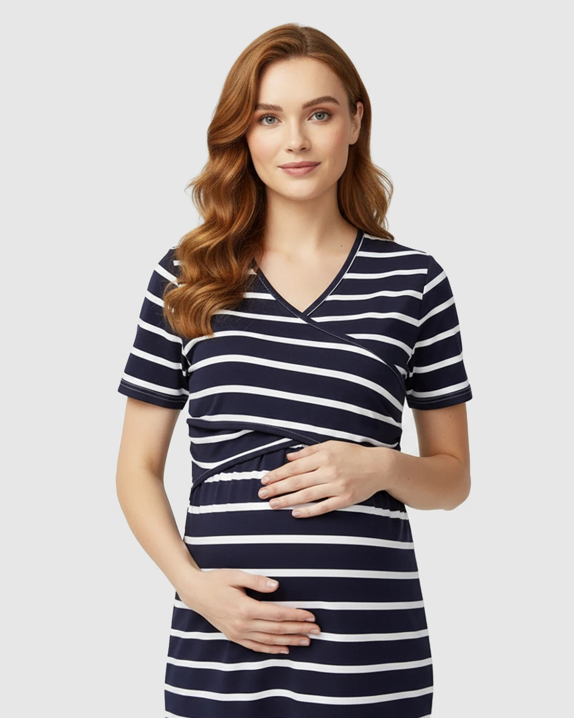 Striped-Crossover Fitted Nursing Maternity Midi Dress