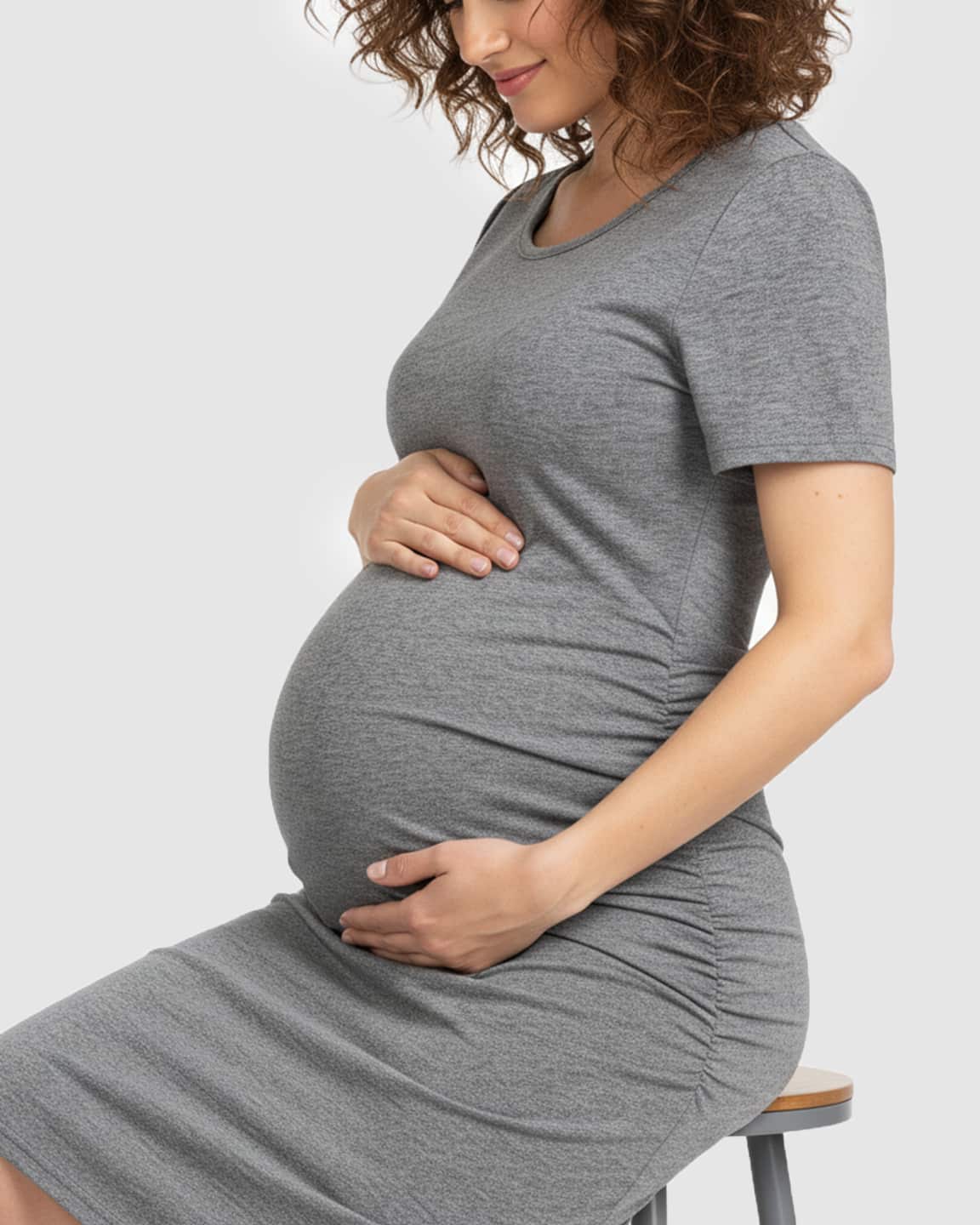 Grey Ruched Bodycon Maternity Midi Dress.