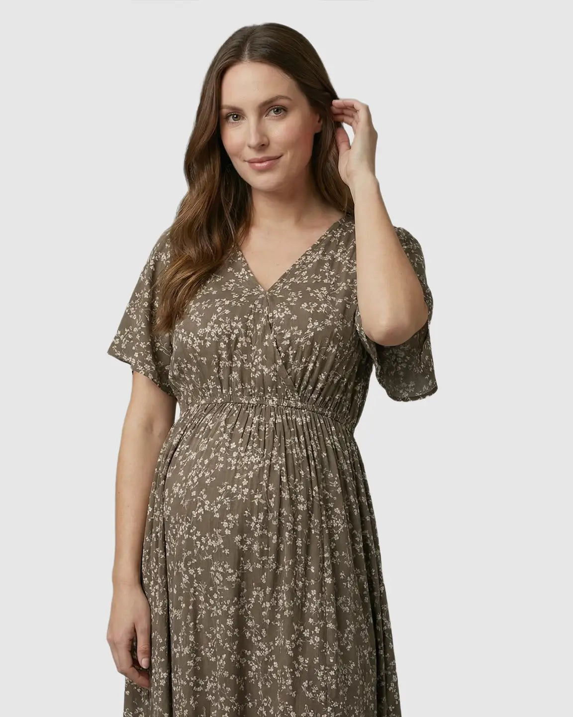 Cinched Waist Bohemian Floral Maternity Maxi Dress