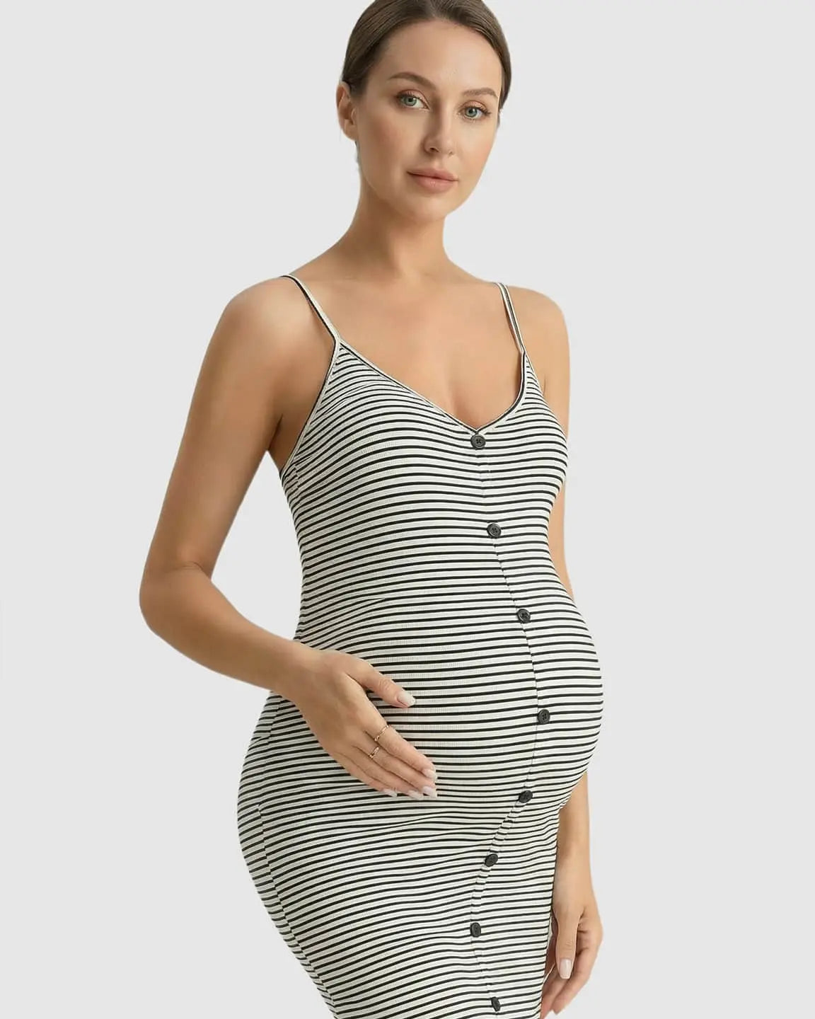Striped Button-Down Bodycon Maternity Midi Dress