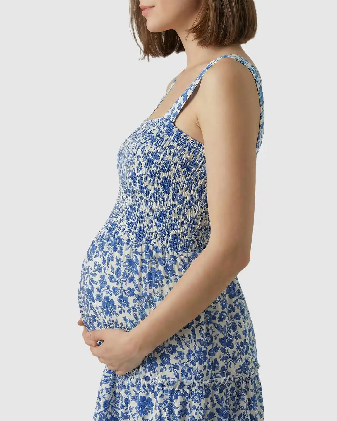 Smocked Floral A-Line Maternity Midi Dress