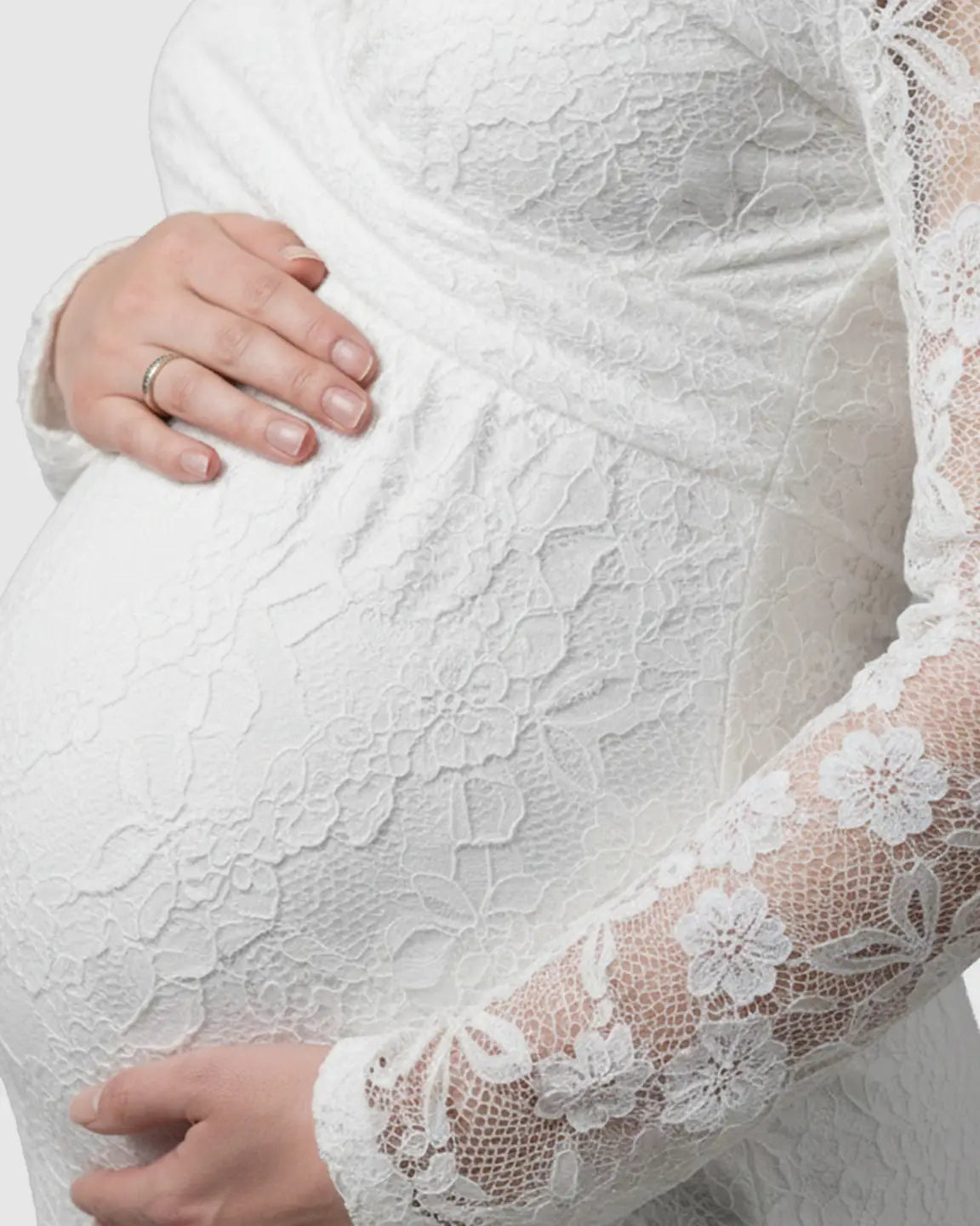Sheer Lace-Sleeve Mermaid Train Maternity Photoshoot Gown