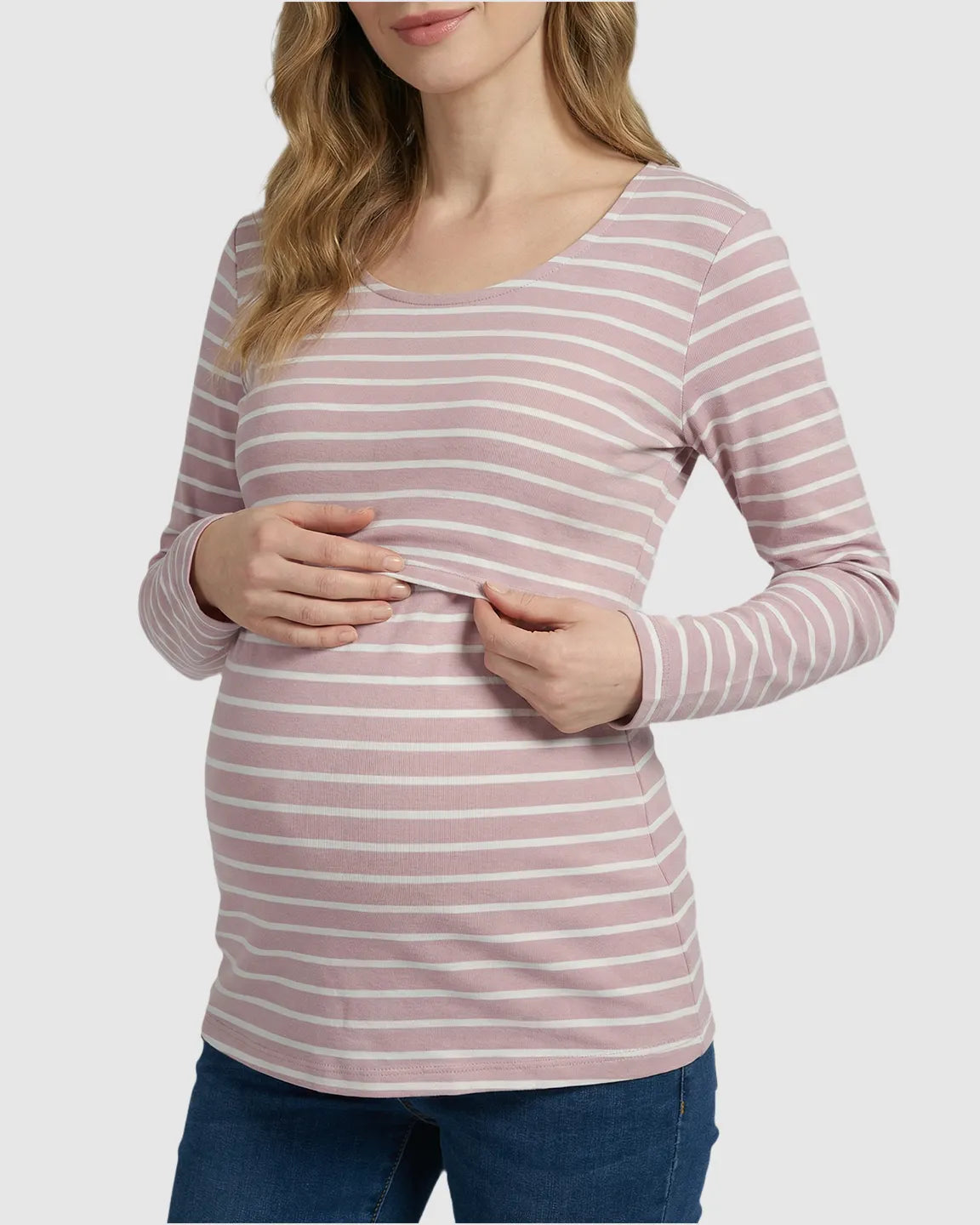 Round Neck Stripe Pull-up Maternity & Nursing Top