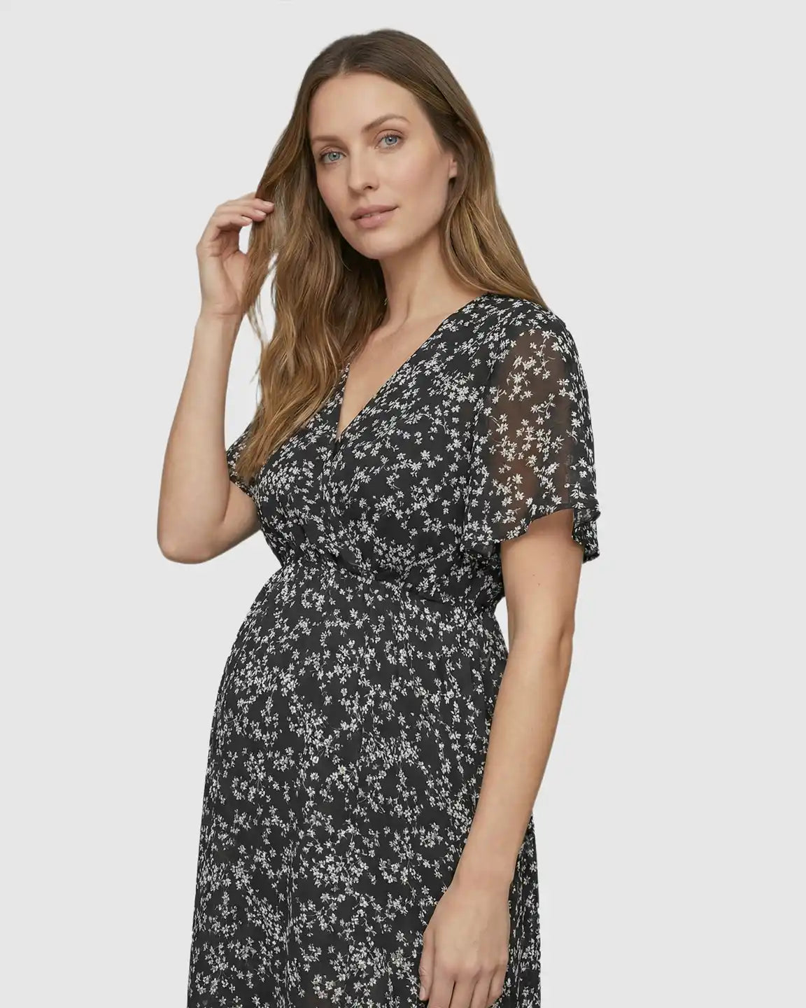 Cinched Waist Bohemian Style Maternity Maxi Dress