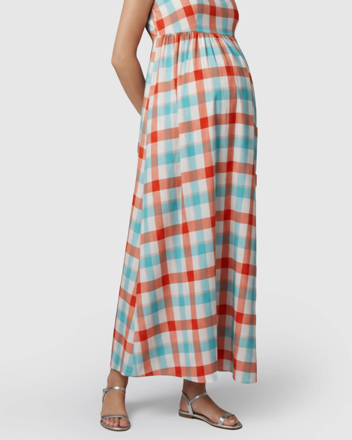 Tie-Back Plaid Pattern Maternity Maxi Dress