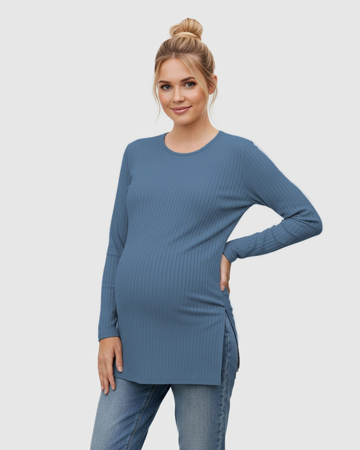 Ribbed Knit Long Sleeve Maternity Top with Side Slits