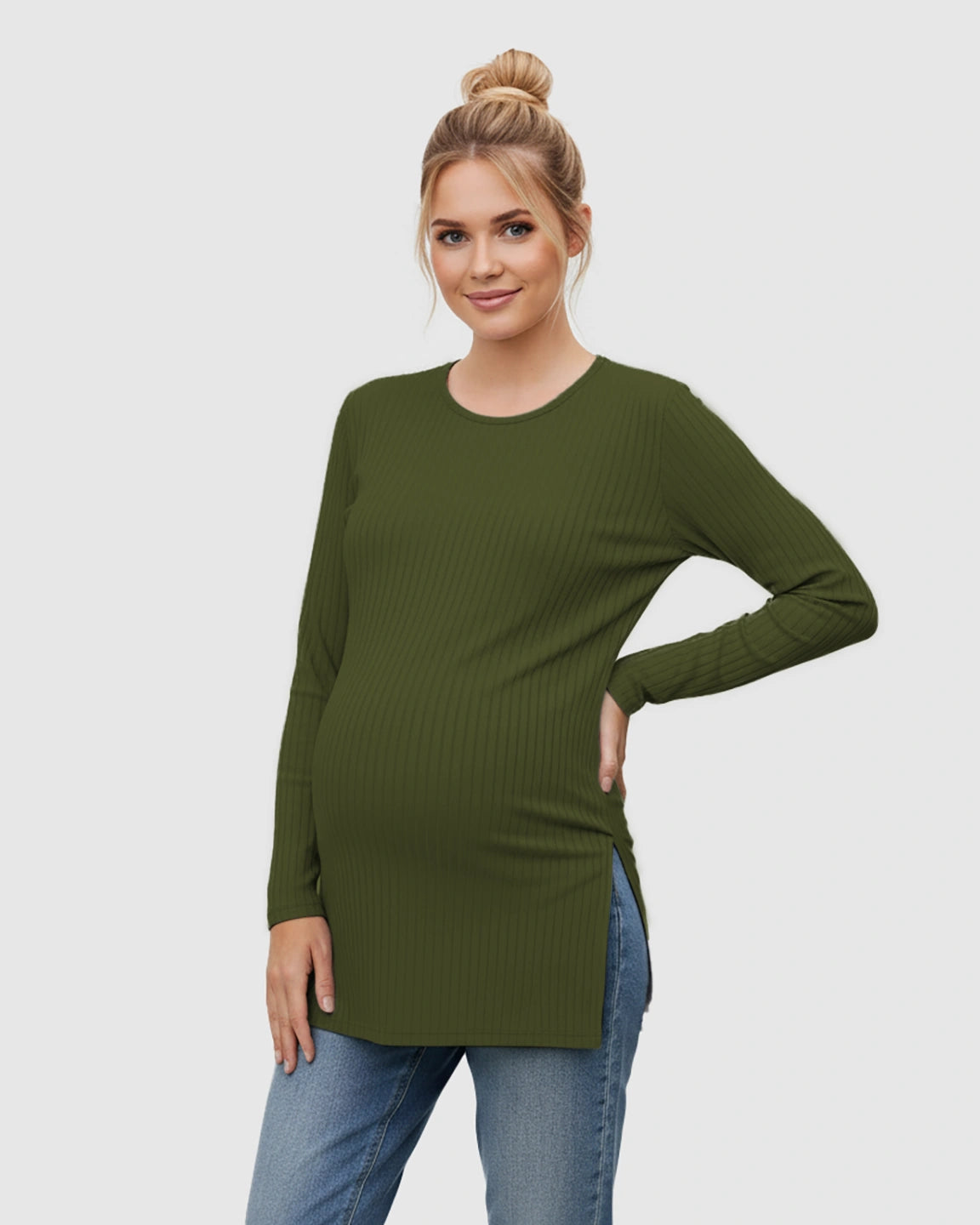 Ribbed Knit Long Sleeve Maternity Top with Side Slits