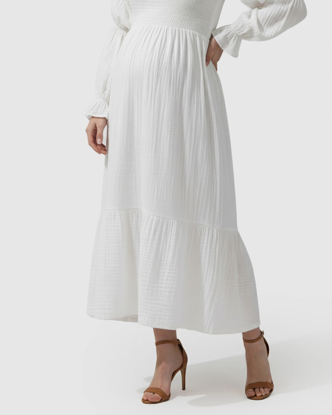 Puffed Long-Sleeve Tiered Skirt Maternity Maxi Dress