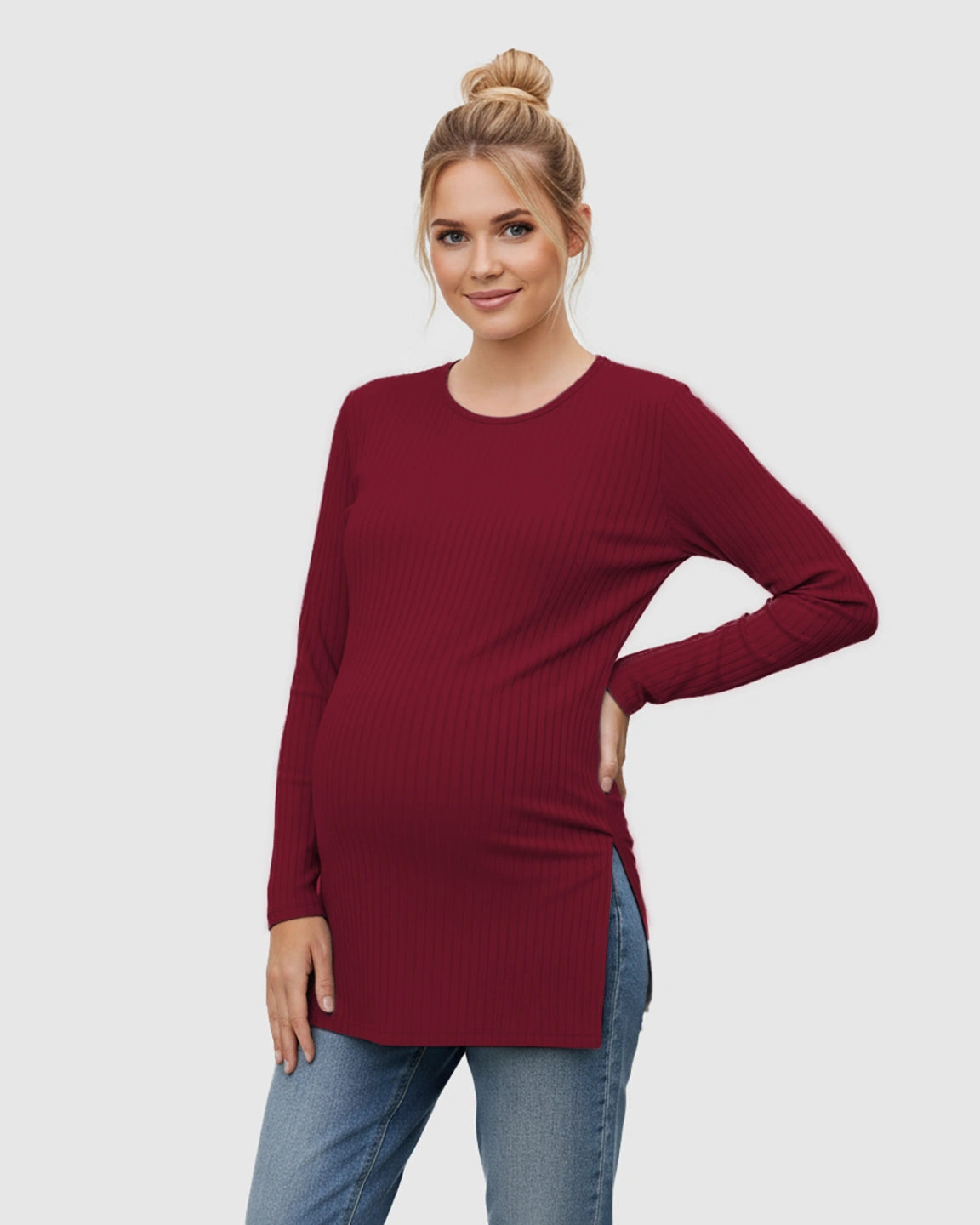 Ribbed Knit Long Sleeve Maternity Top with Side Slits
