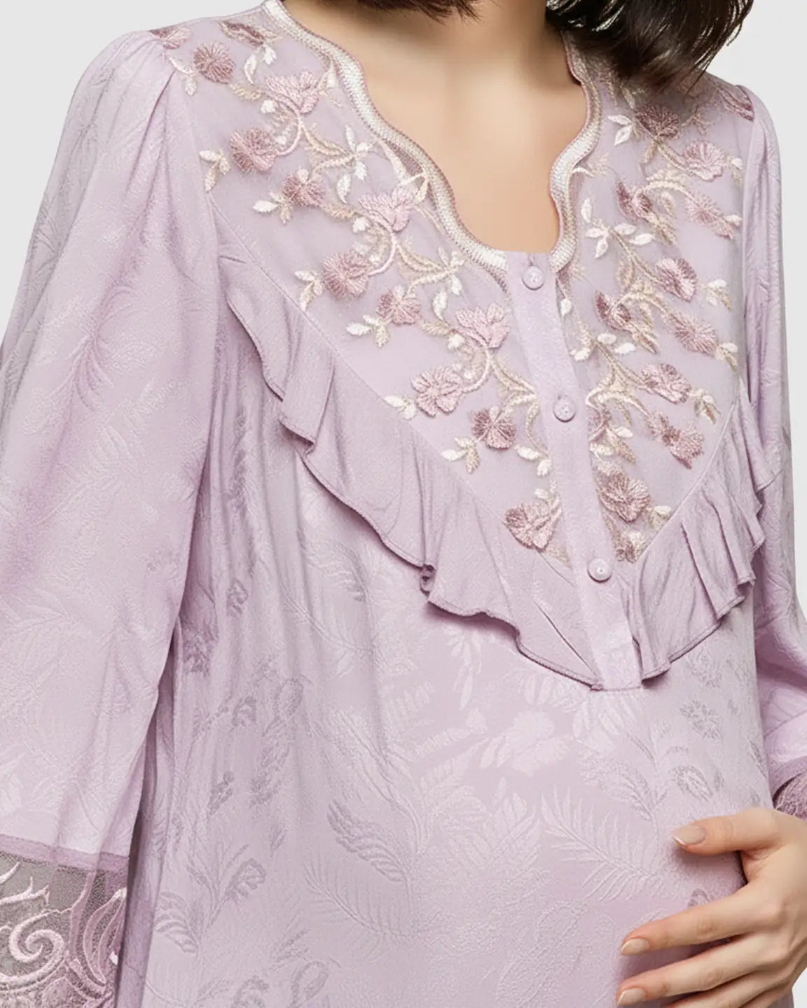 Embroidered Ruffle Flowing Fit Maternity Midi Dress