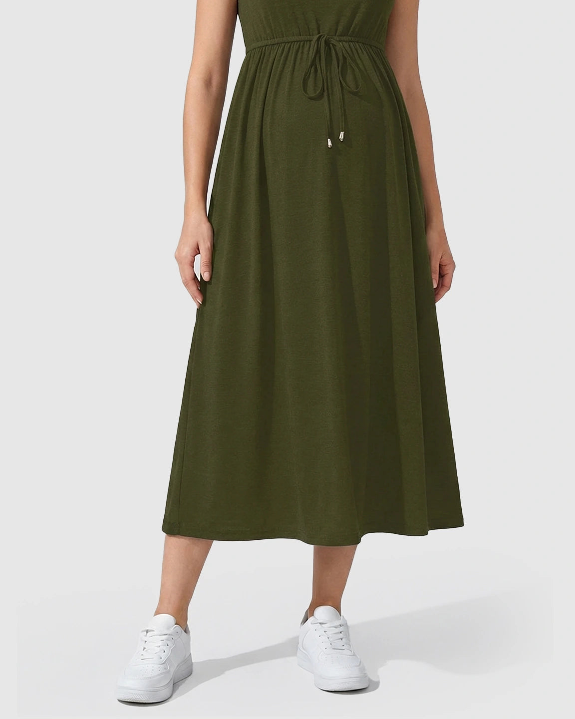 Drawstring Waist Sleeveless Maternity Midi Dress