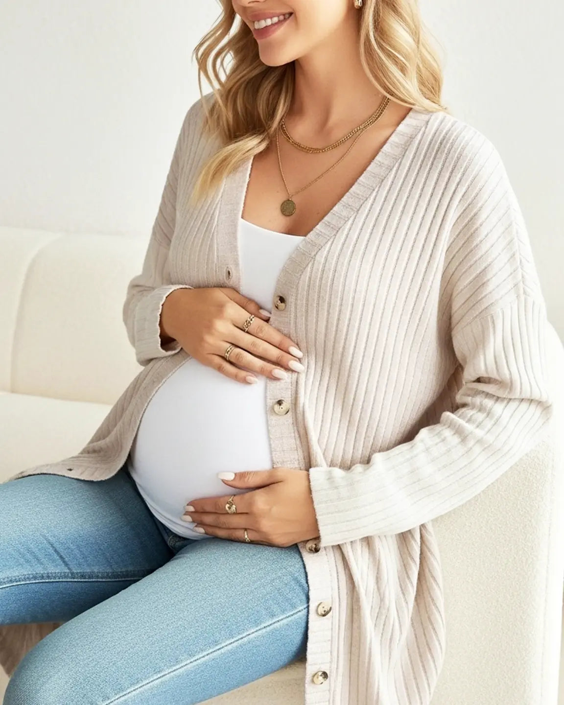 Ribbed Button-Front Drop Shoulder Maternity Top