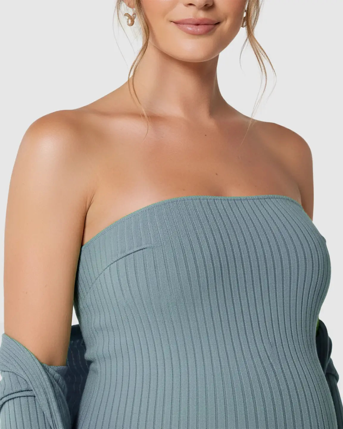 Elegant Ribbed Two-Piece Maternity Dress with Cardigan