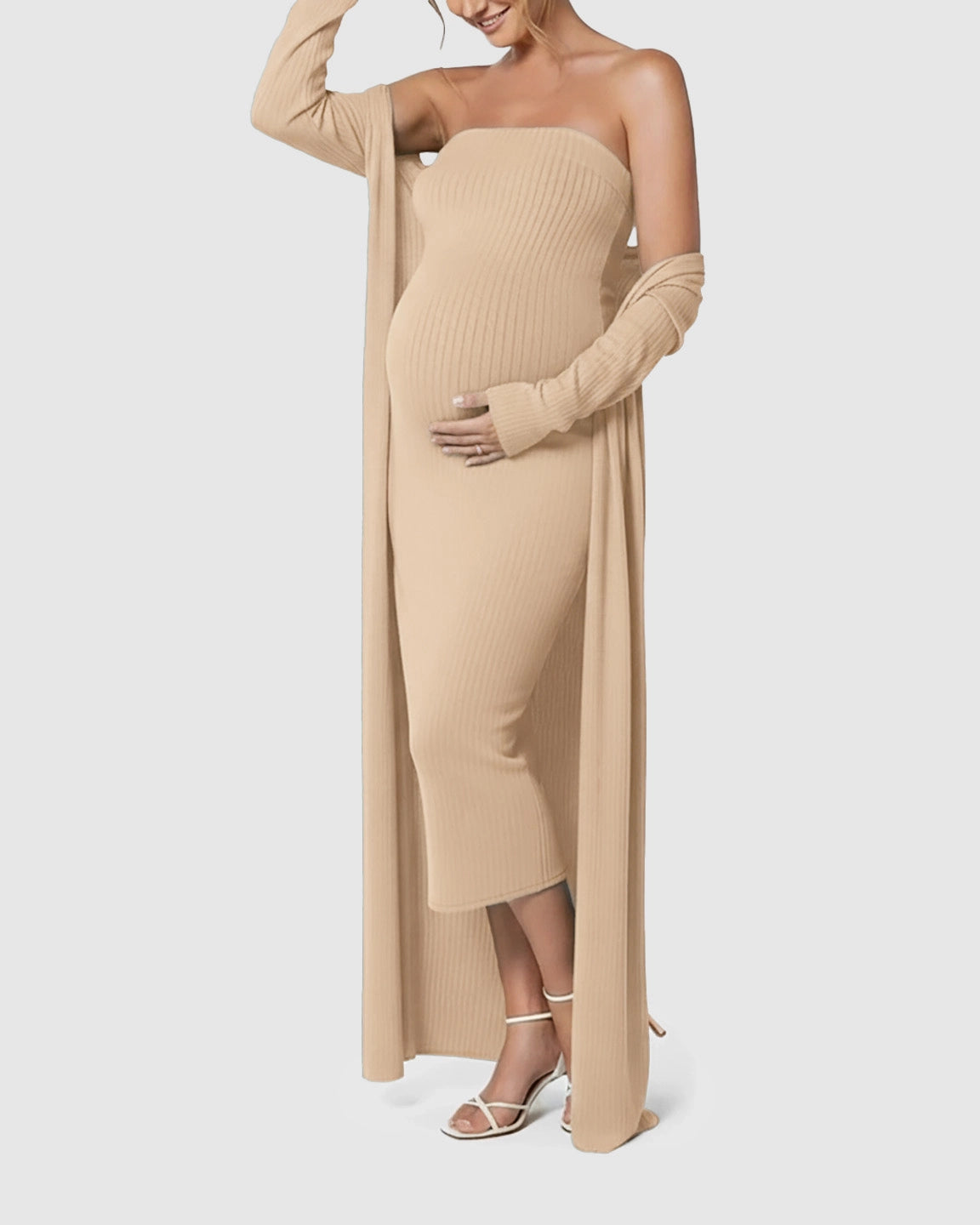 Elegant Ribbed Two-Piece Maternity Dress with Cardigan