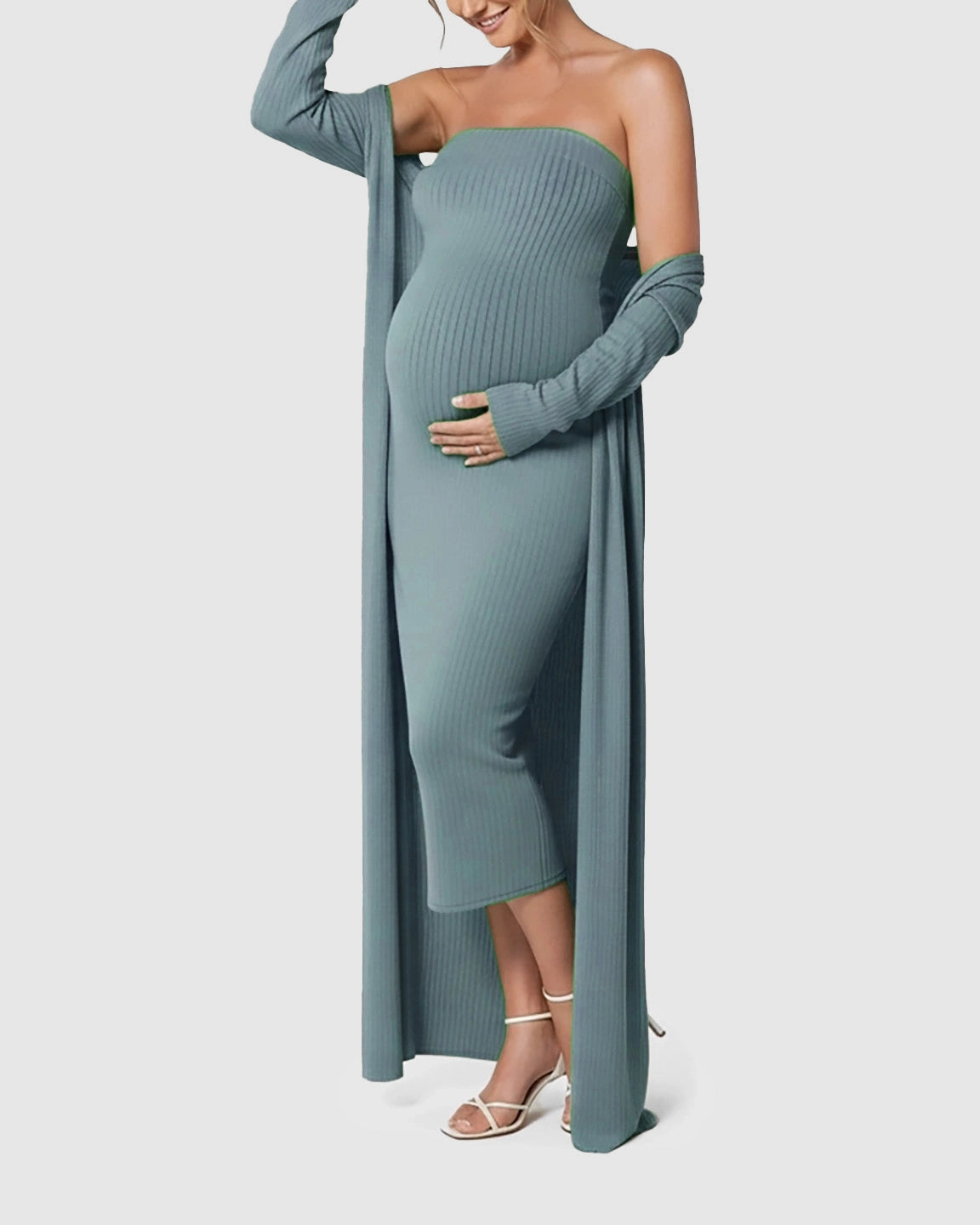 Elegant Ribbed Two-Piece Maternity Dress with Cardigan