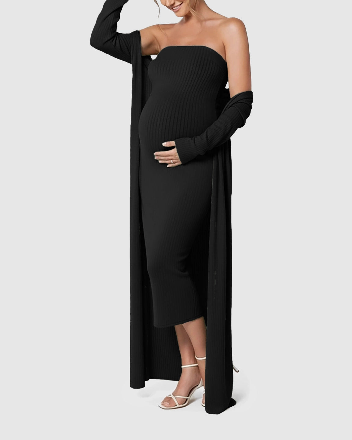 Elegant Ribbed Two-Piece Maternity Dress with Cardigan