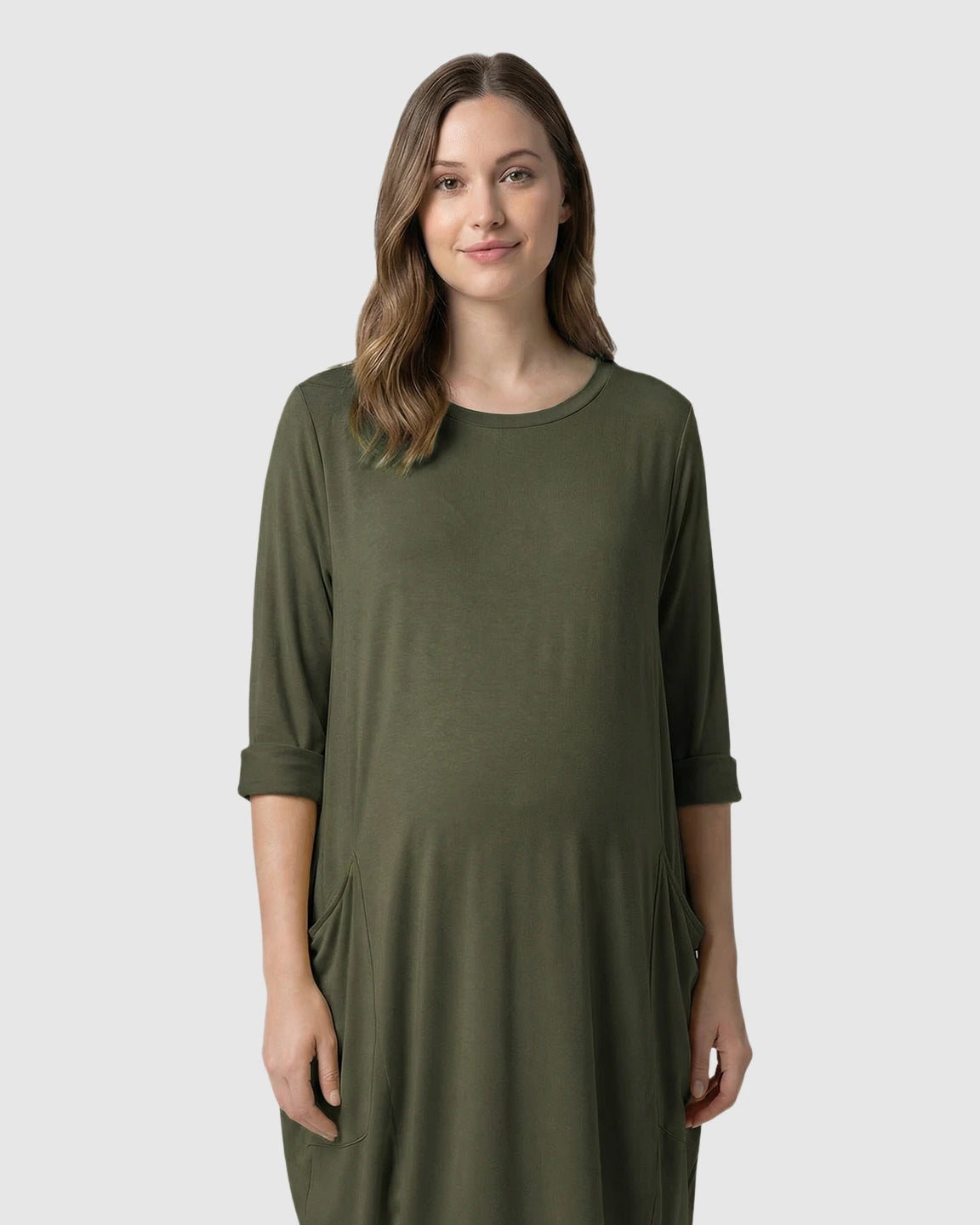 Pocketed Lantern Skirt Maternity Midi Dress