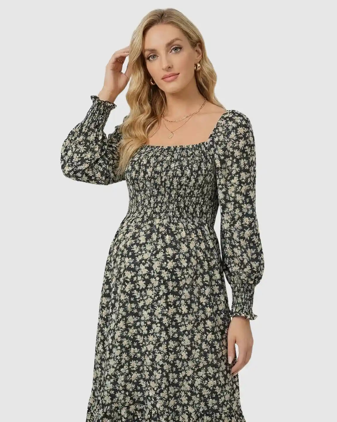 Smocked Long-Sleeve Maternity Midi Dress
