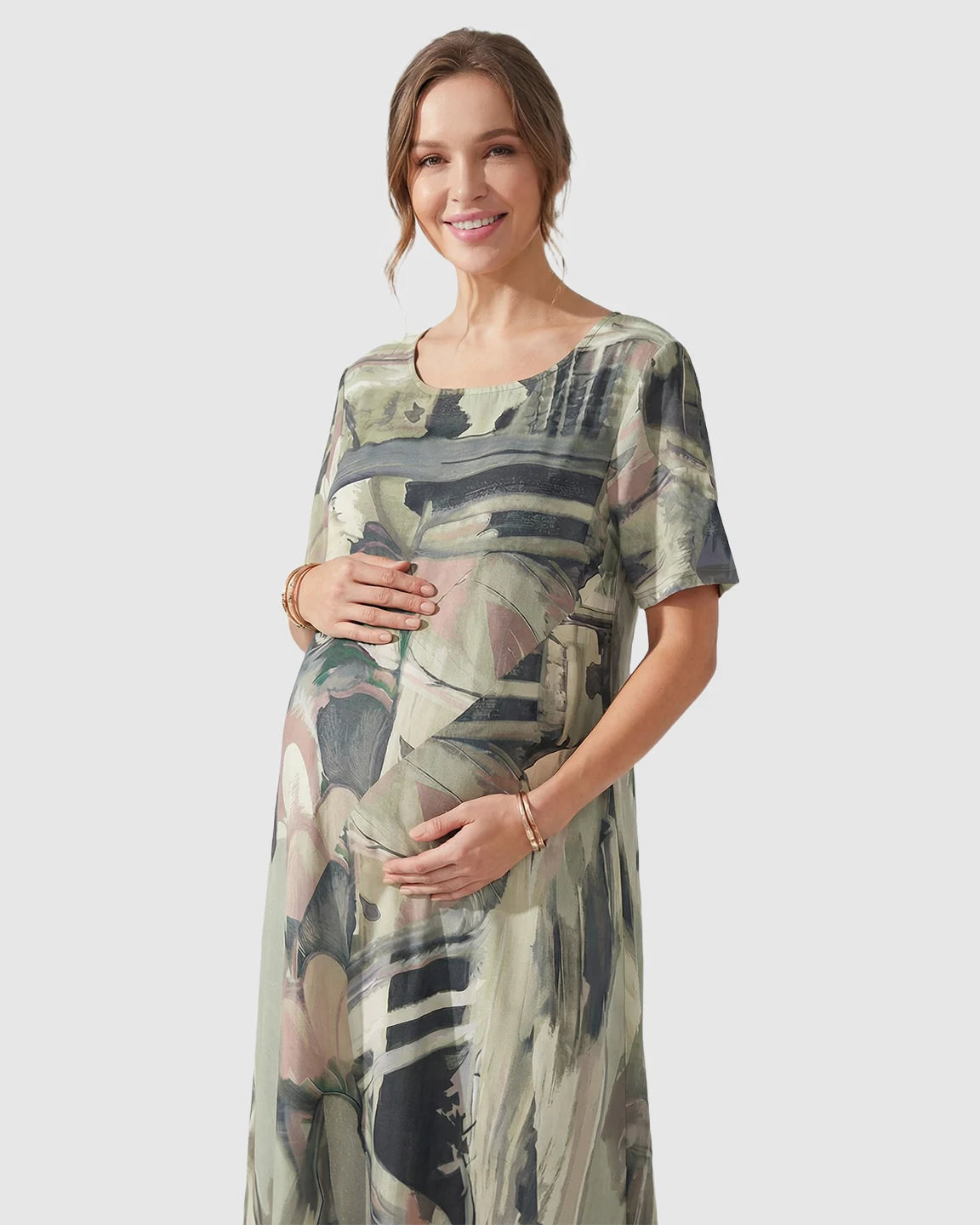 Gray Abstract Retro Style Maternity Midi Dress