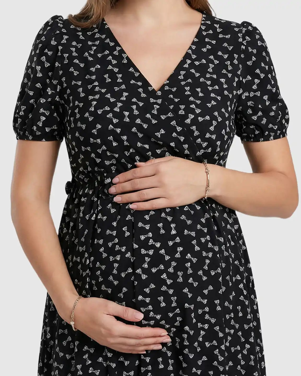 Bow Tie Print Cinched A-Line Maternity Dress