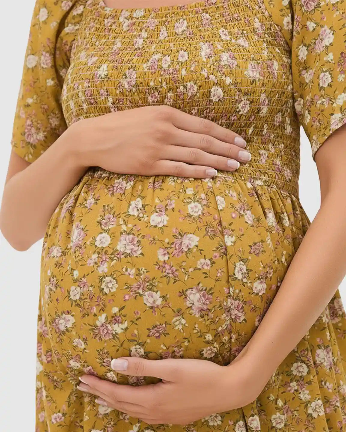 Smocked Bodice Floral Maternity Midi Dress