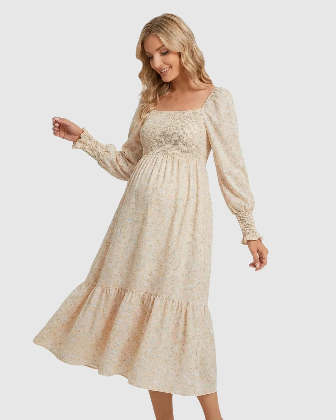 Shirred Bodice Boho Maternity Midi Dress