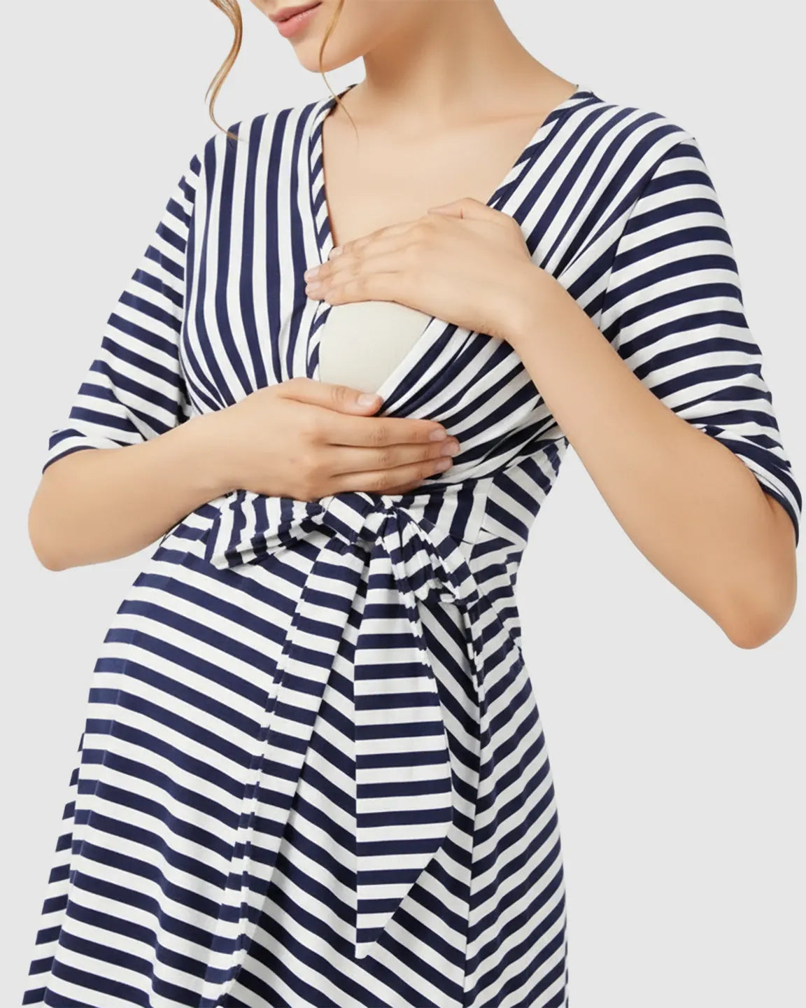 Wrap-Front Striped Nursing & Maternity Midi Dress