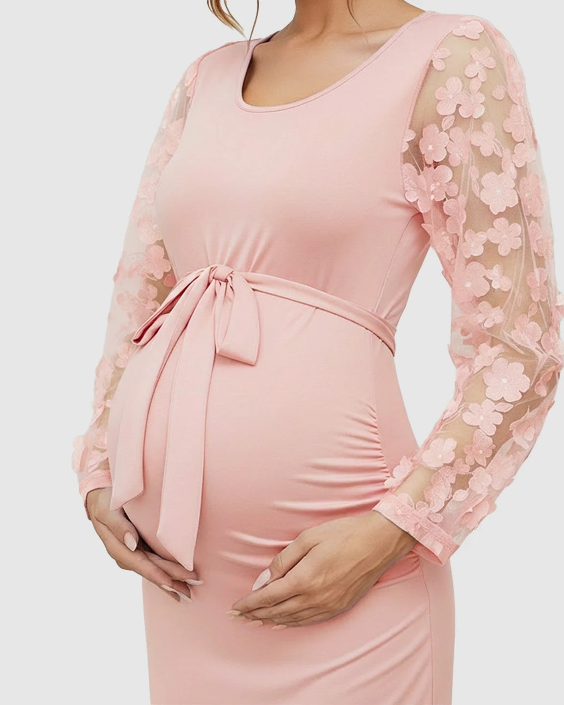 Floral Sleeves Tie Waist Maternity Dress