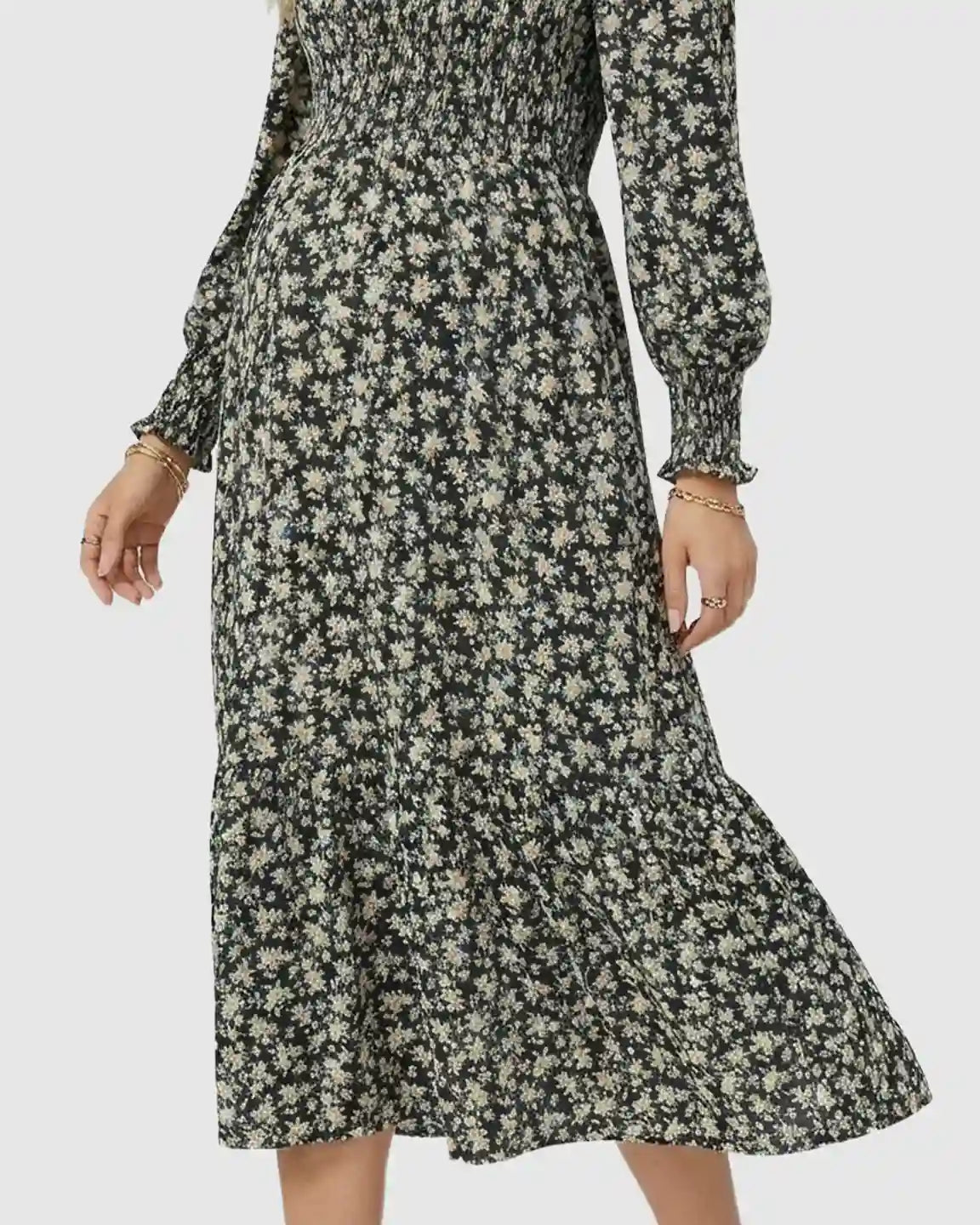 Smocked Long-Sleeve Maternity Midi Dress