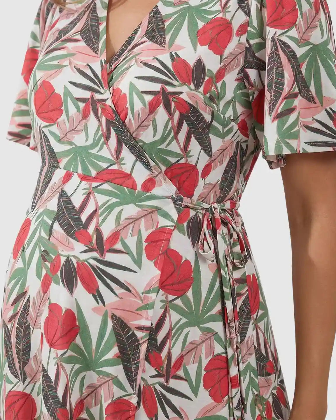 Side Tie Wrap Tropical Floral Maternity Midi Dress