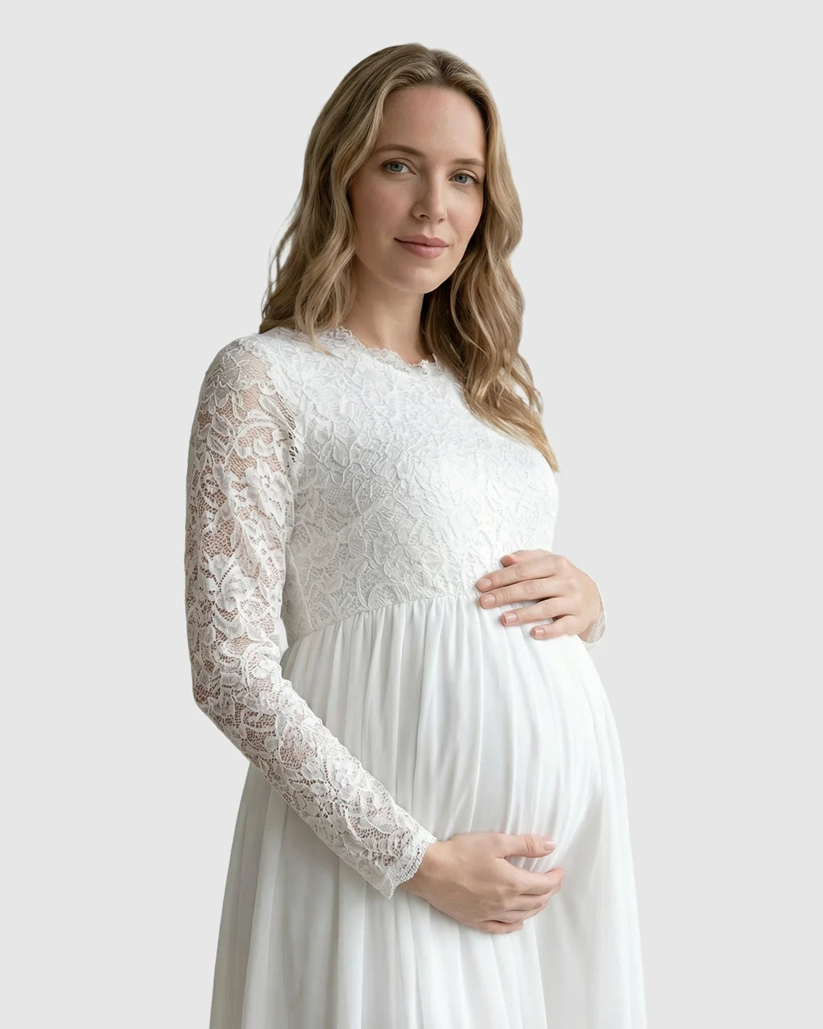 Lace Bodice Flowy Long-Sleeve Maternity Gown